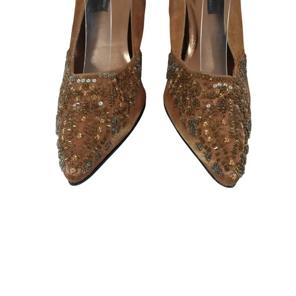 DELICIOUS! TAWNY GOLD SATIN, ELABORATELY BEADED & JEWELED STILETTO HEELS! SZ 8M